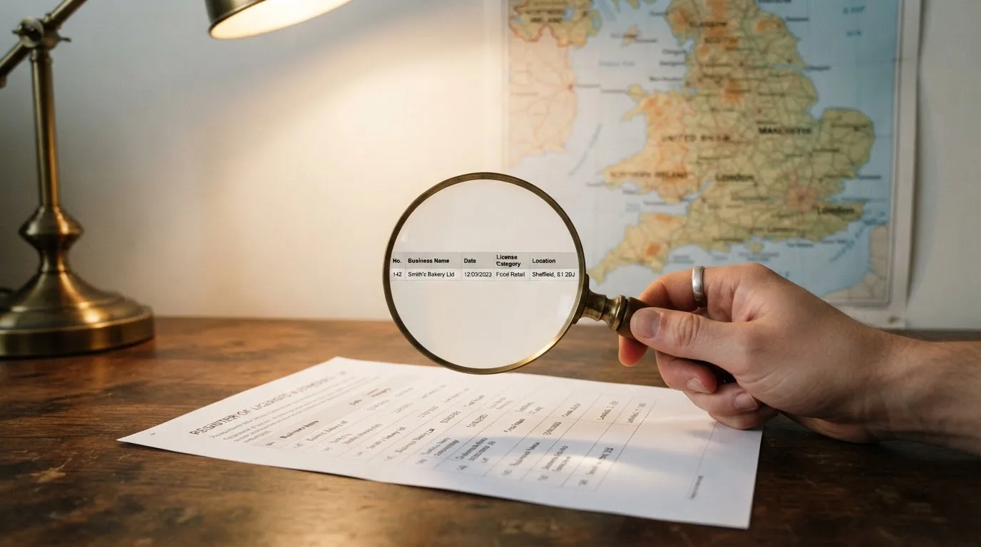 A magnifying glass held over a printed gambling licence certificate on a desk, with a UK map faintly visible in the background