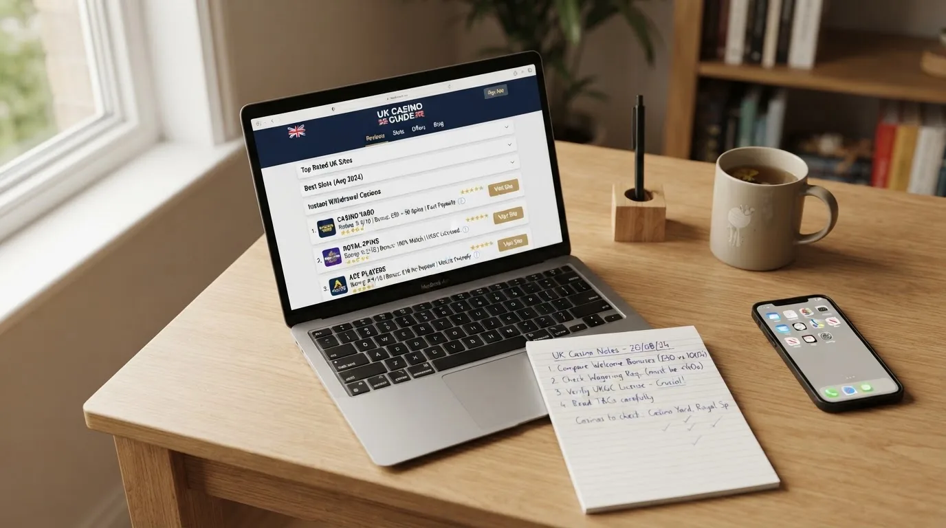 A laptop on a home desk showing a UK online casino comparison page open beside a notepad, with a mobile phone resting on a desk next to a casino app icon screen visible in a browser tab list