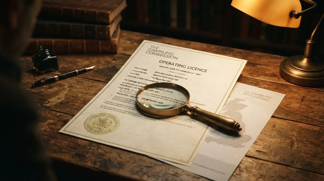 A magnifying glass held over a printed gambling licence certificate on a desk, with a UK map faintly visible in the background