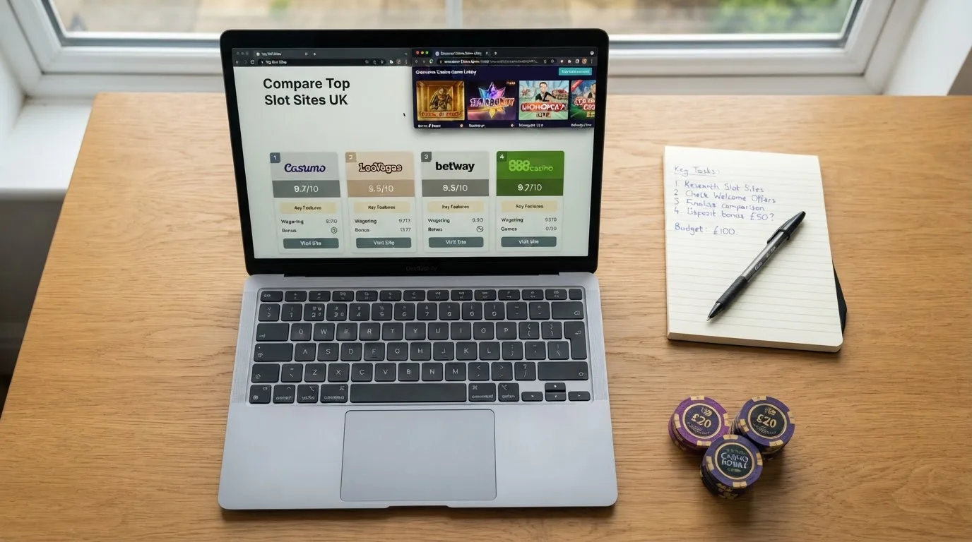 A laptop on a home desk showing a UK online casino comparison page open beside a notepad, with a laptop showing a live casino game show lobby page visible in a browser tab list