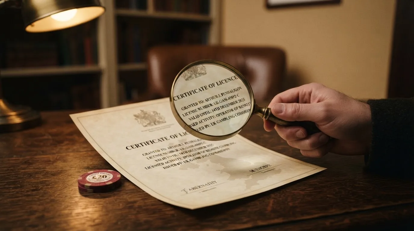 A magnifying glass held over a printed gambling licence certificate on a desk, with a UK map faintly visible in the background