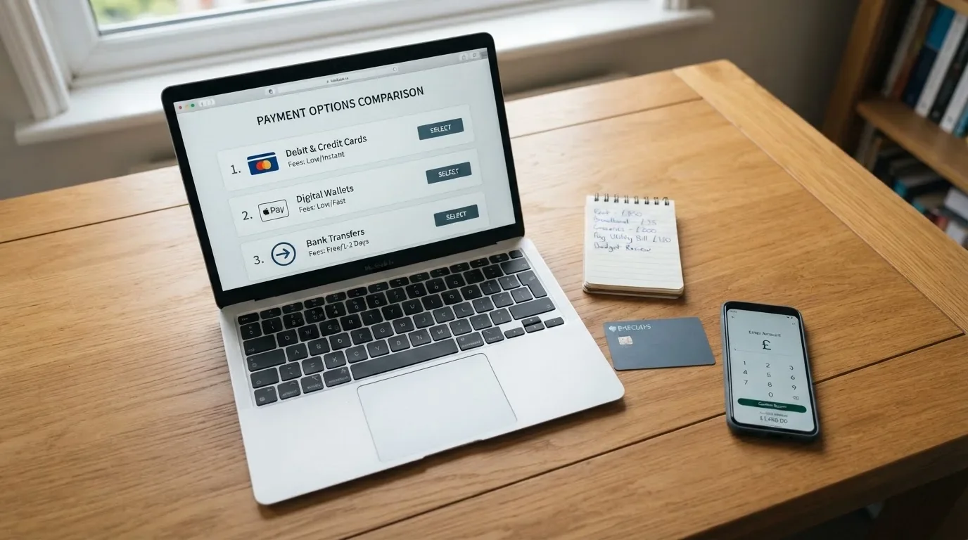 A laptop on a home desk showing a UK online casino comparison page open beside a notepad, with a desk with a debit card, a phone and a laptop showing a deposit form visible in a browser tab list