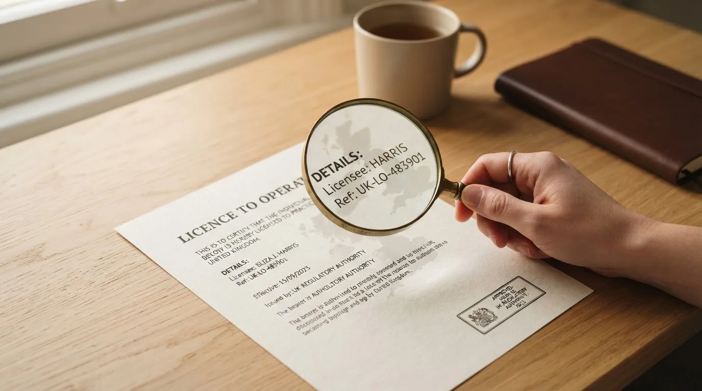 A magnifying glass held over a printed gambling licence certificate on a desk, with a UK map faintly visible in the background