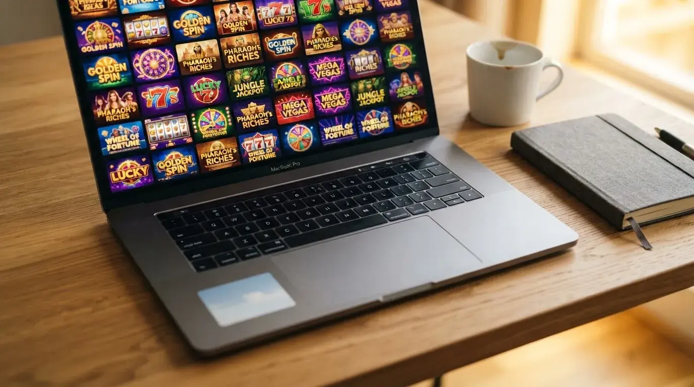 A laptop on a desk displaying a grid of slot game thumbnails in a casino lobby.