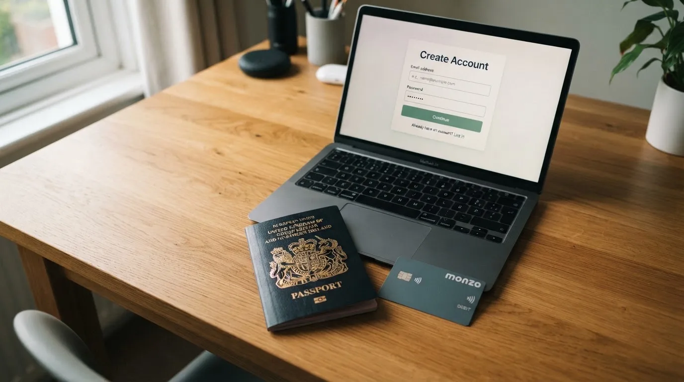 A UK passport and a bank card resting beside a laptop showing an account sign-up screen.