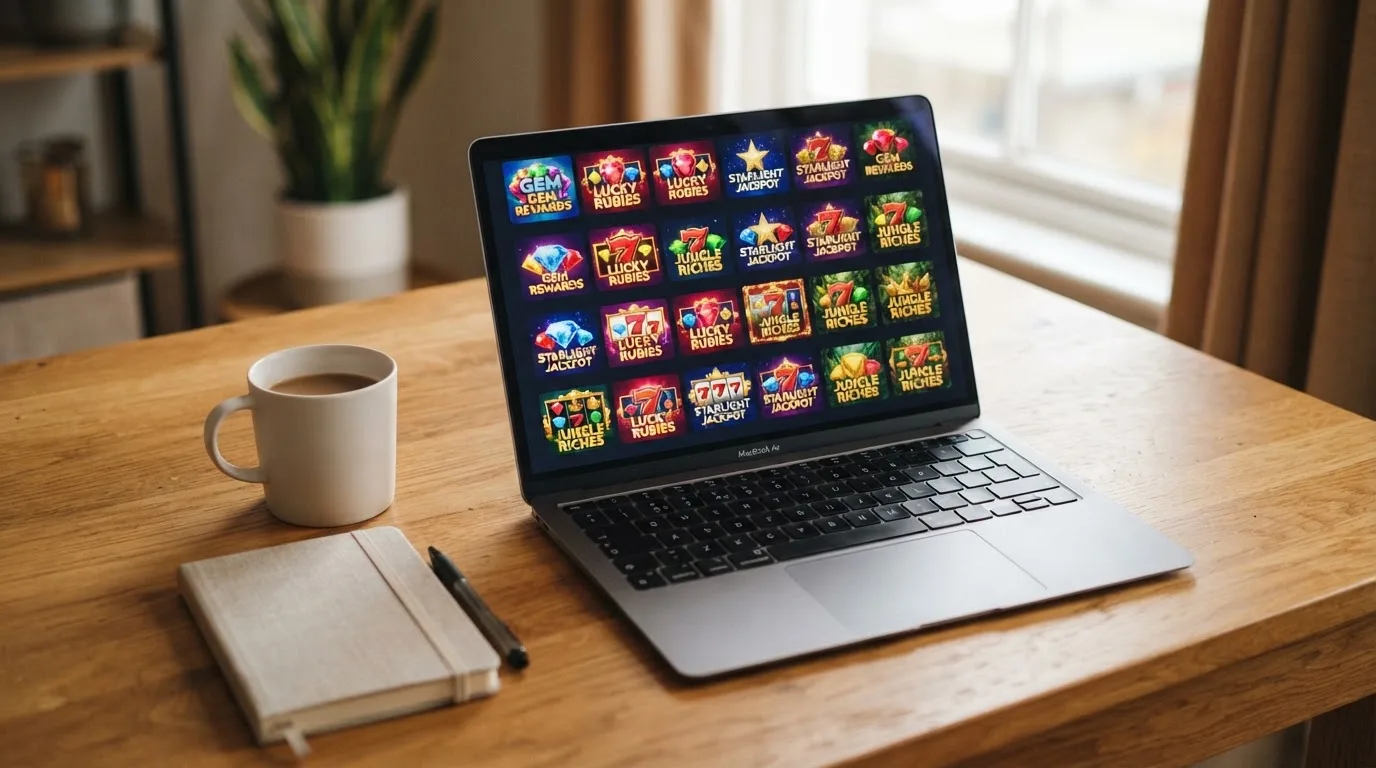 A laptop on a desk displaying a grid of slot game thumbnails in a casino lobby.