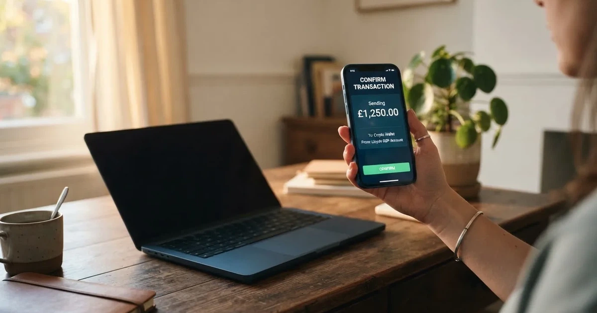 A hand holding a smartphone showing a cryptocurrency transfer screen next to a closed laptop.