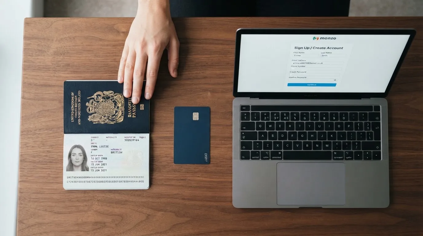 A UK passport and a bank card resting beside a laptop showing an account sign-up screen.