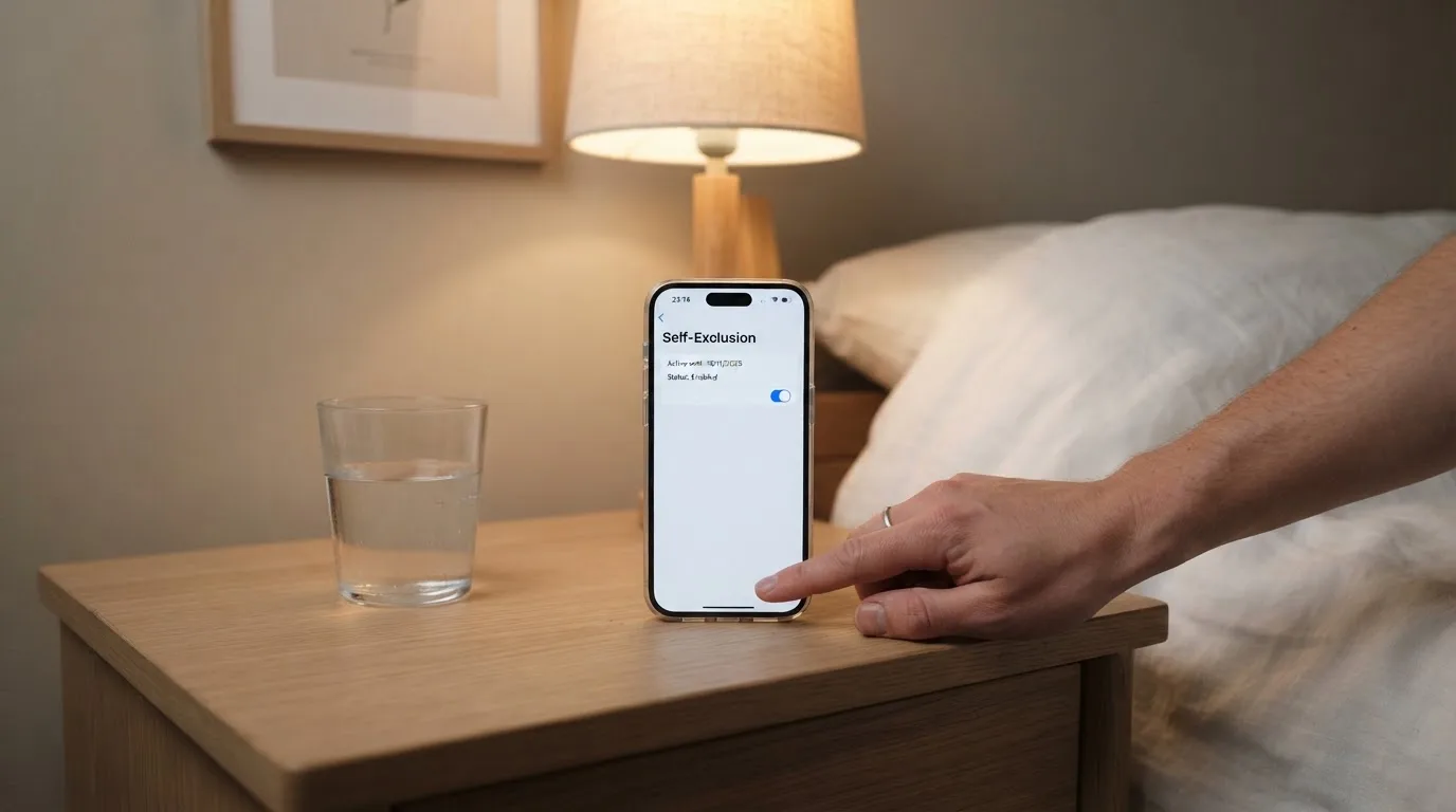 A phone displaying a self-exclusion settings screen next to a glass of water on a bedside table.