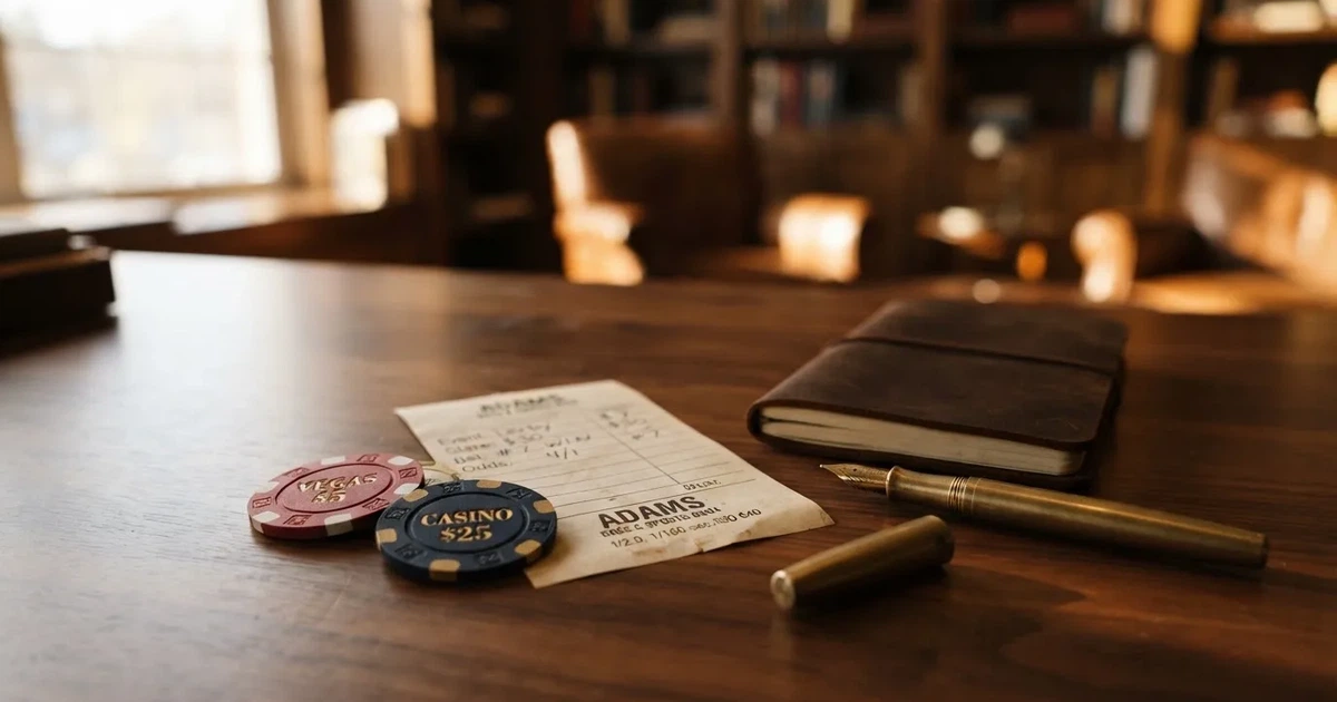 A pair of casino chips and a betting slip arranged beside a printed licence certificate on a desk.