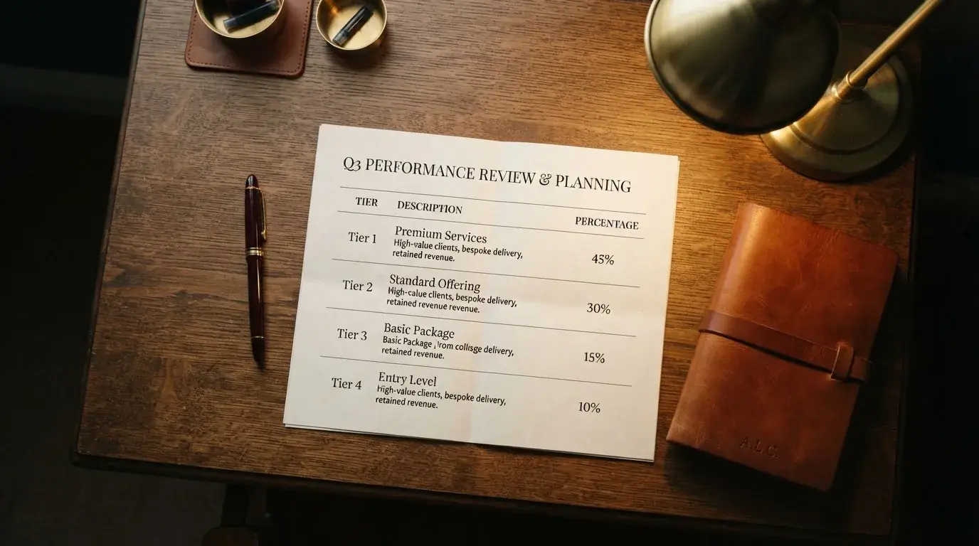 A desk with a printed loyalty-tier chart, a fountain pen, and a closed leather notebook.
