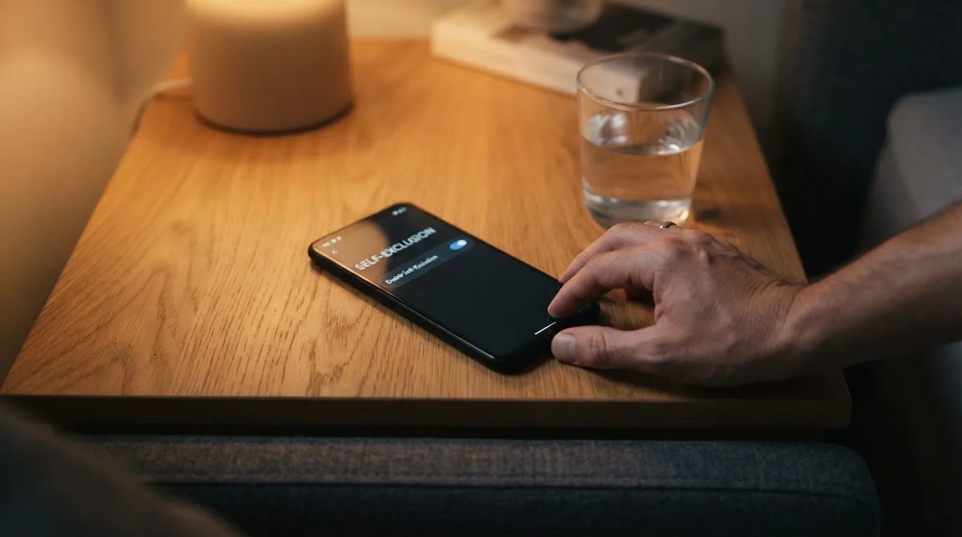 A phone displaying a self-exclusion settings screen next to a glass of water on a bedside table.