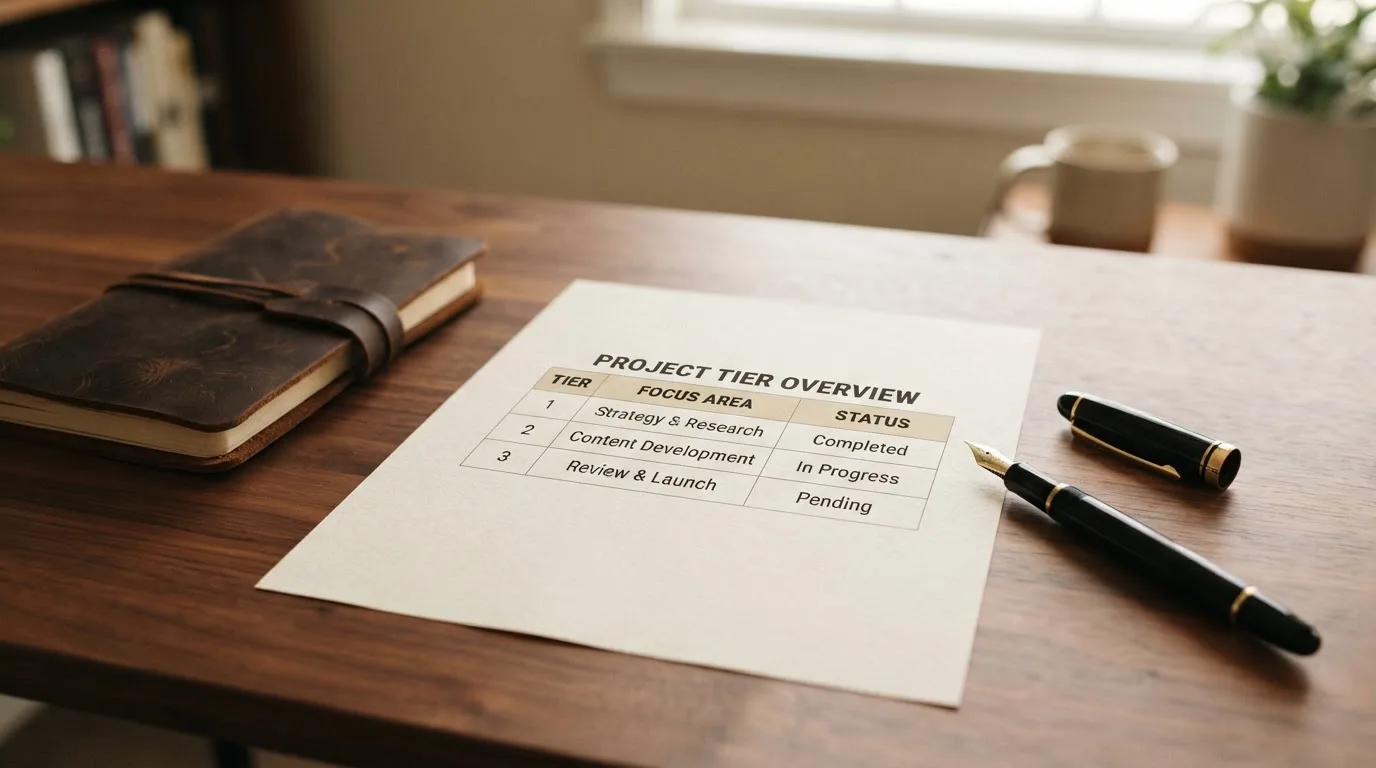 A desk with a printed loyalty-tier chart, a fountain pen, and a closed leather notebook.