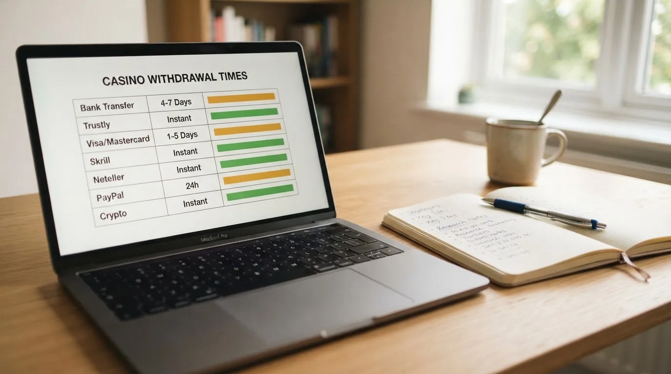 A laptop screen showing a comparison table of casino withdrawal times, next to a notebook with handwritten notes and a pen.