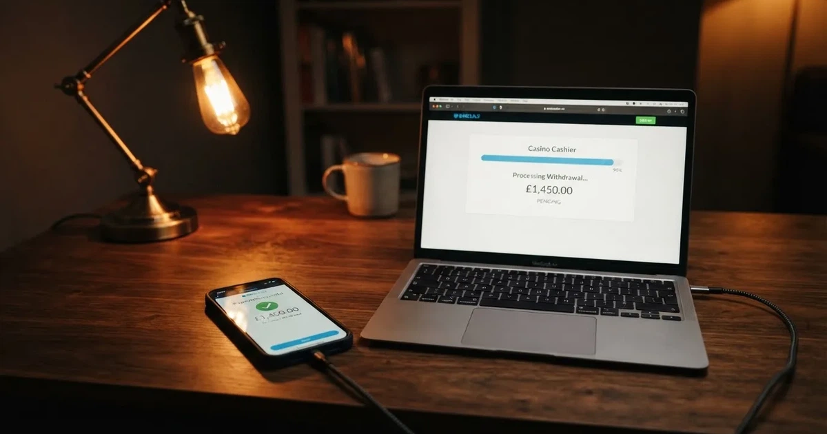A smartphone displaying a banking app beside a laptop showing a casino cashier withdrawal screen, both lit by desk lamp light.