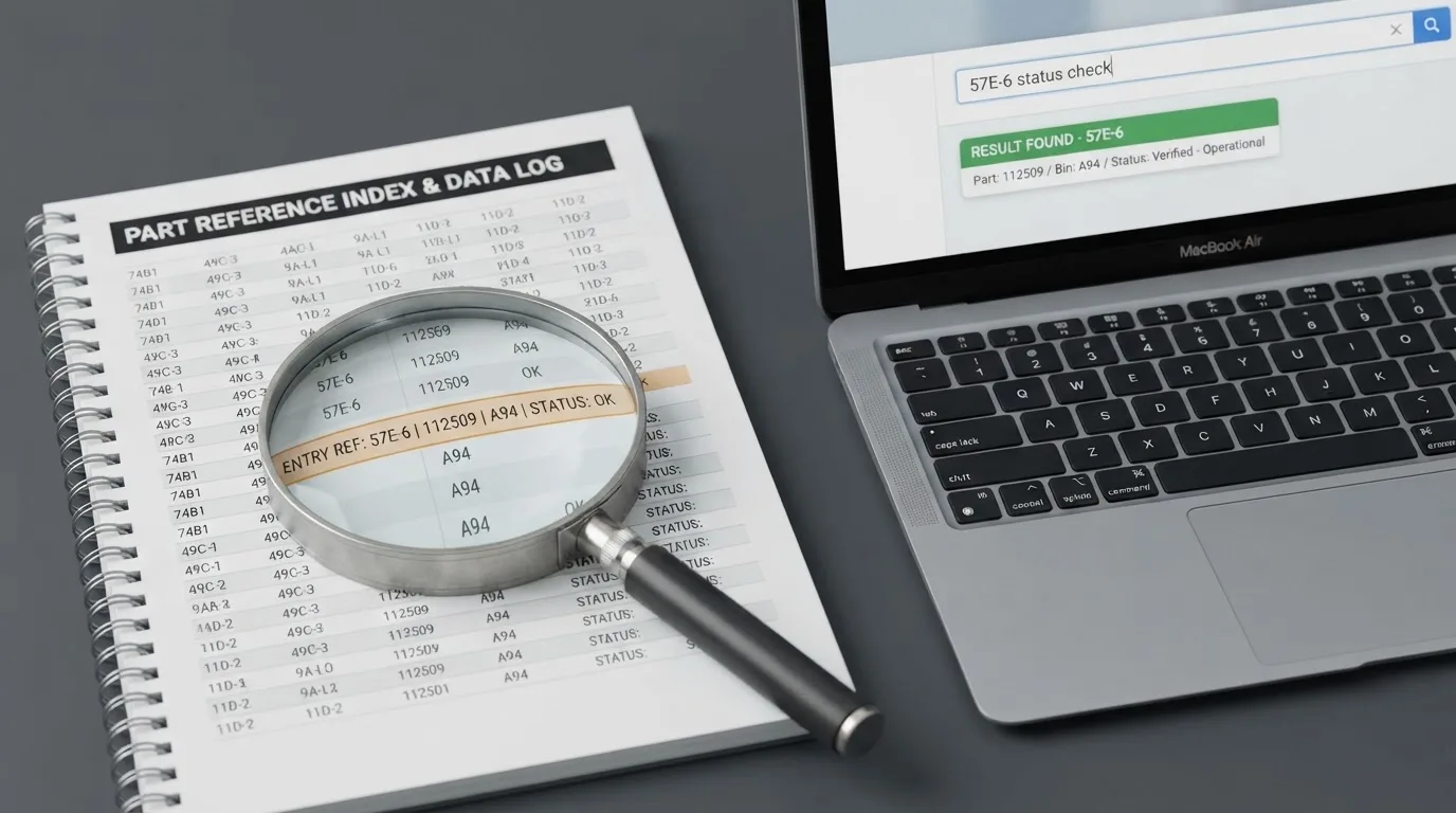 A magnifying glass resting on a printed page of licence numbers next to an open laptop showing a regulator's search tool.